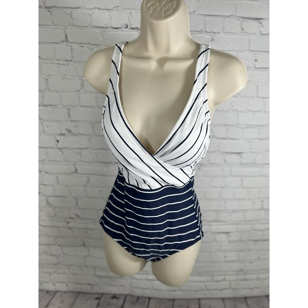 Kona Sol Blue White Striped Deep V Neck One Piece Swimsuit Bathing Suit Size S